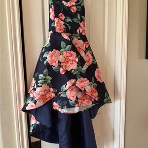 Floral High Low Dress - Navy and Pink